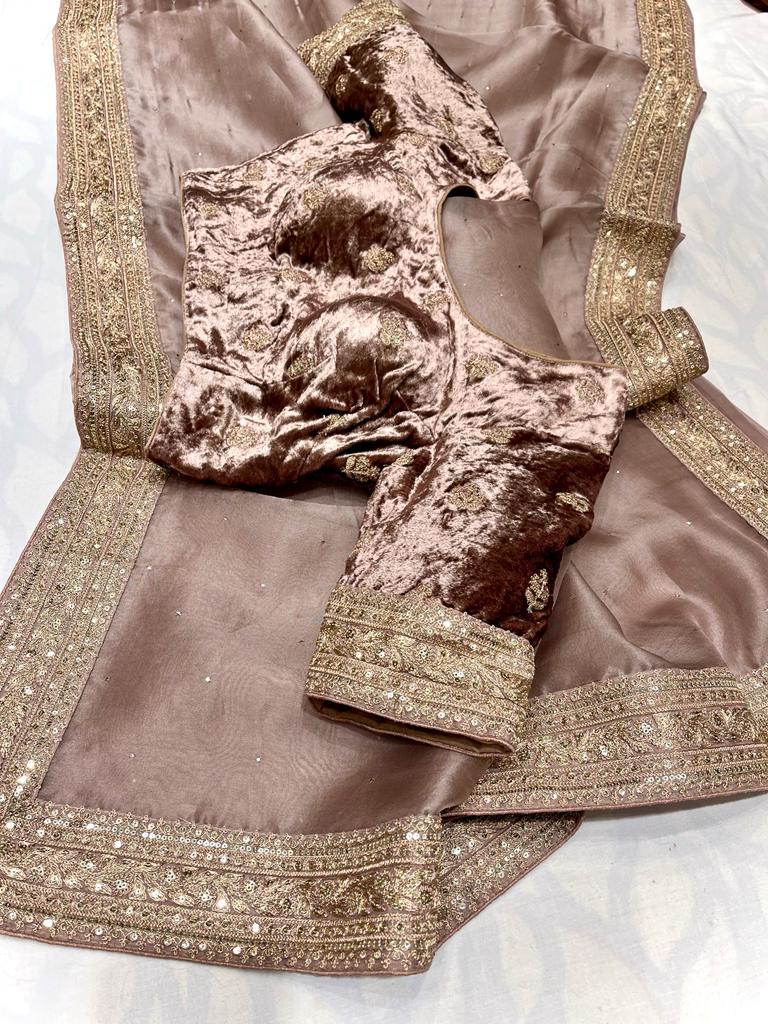 Velvet organza zardosi saree - Saffronfashionindia