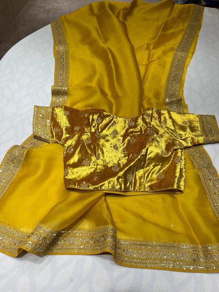 Velvet organza zardosi saree - Saffronfashionindia