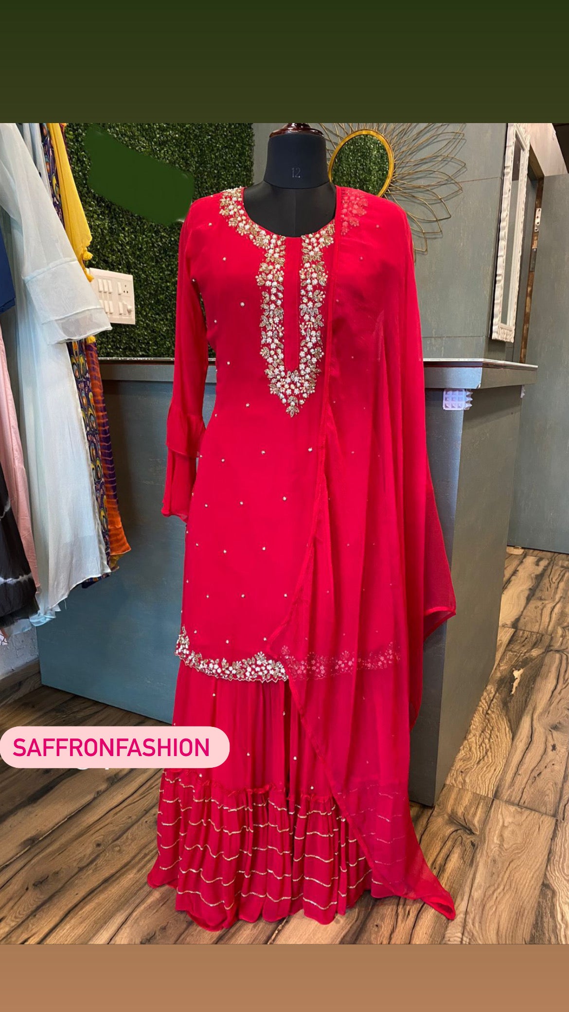 Kuvera red gorgette dress - Saffronfashionindia