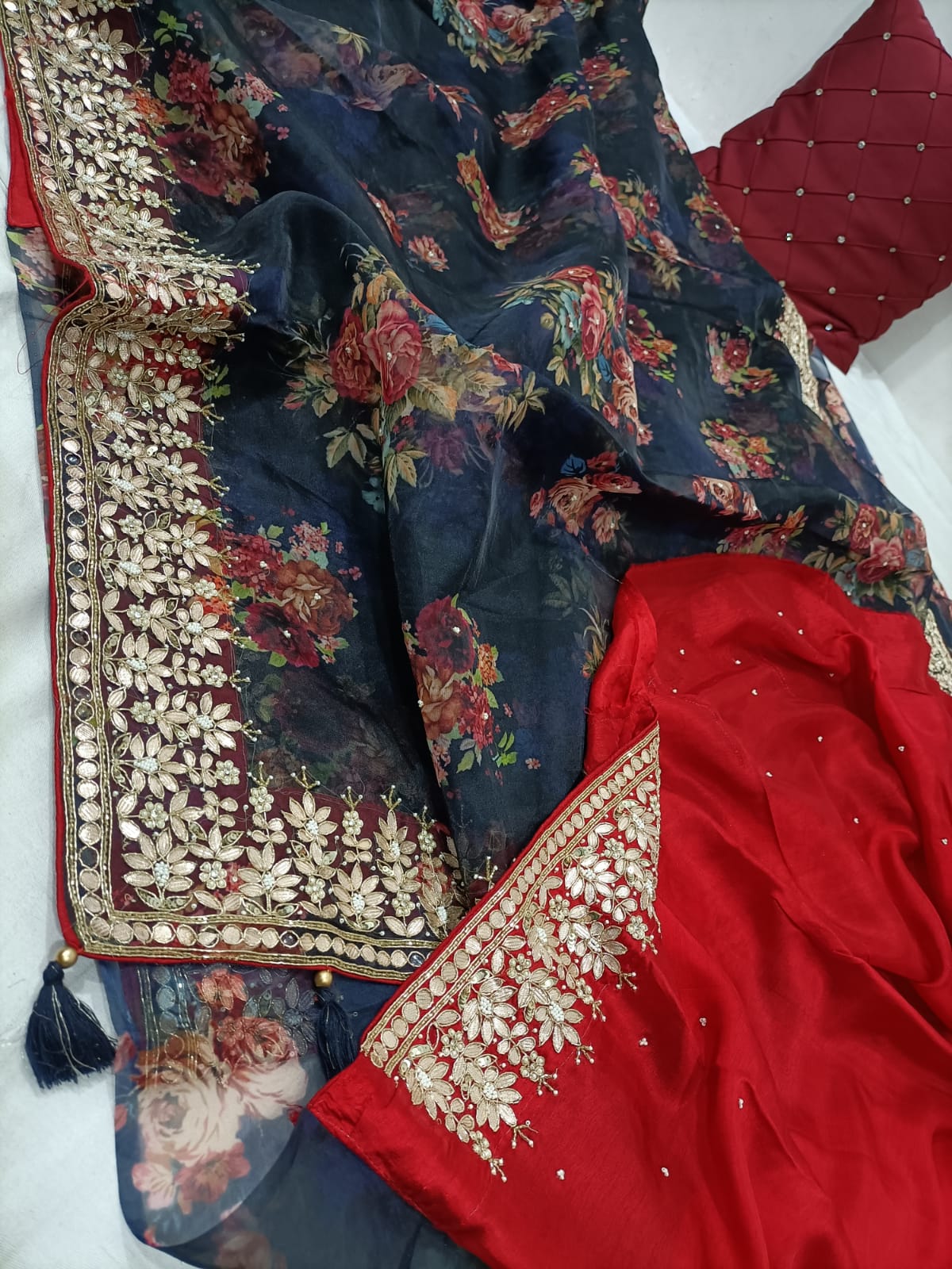 Gottapatti floral organza saree - Saffronfashionindia