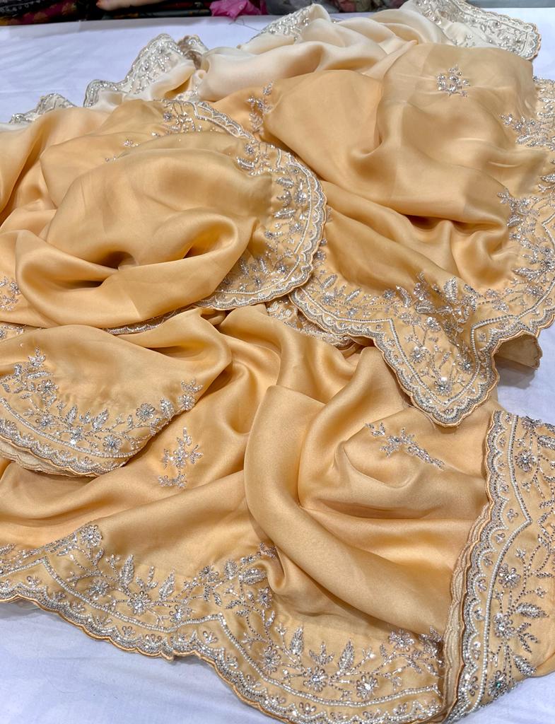 Satin shaded zardosi partywear saree - Saffronfashionindia