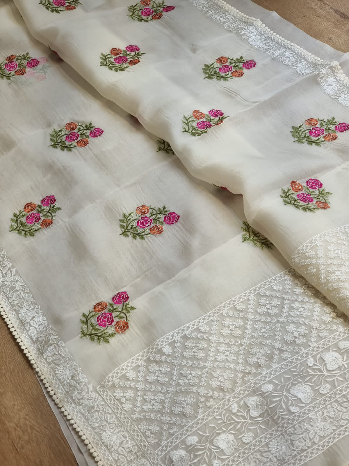 Crochet inspired organza embroidery saree - Saffronfashionindia