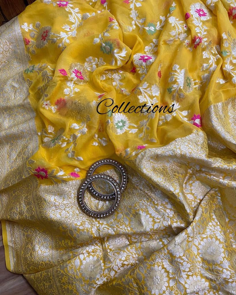 Yellow floral gorgette saree - Saffronfashionindia