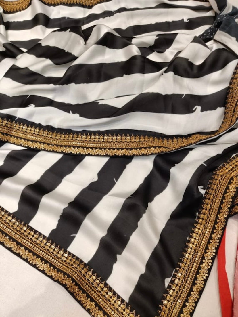 Striped satin saree - Saffronfashionindia
