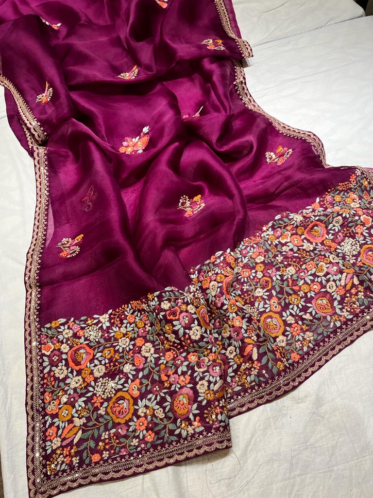 Blossom embroidery saree - Saffronfashionindia