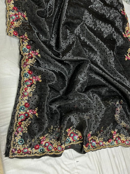 Black floral organza sare SaffronFashionindia