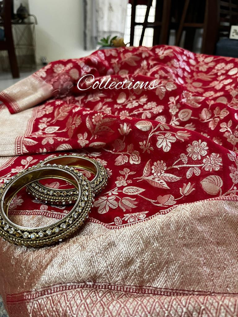 Leela red Banarsi weave saree - Saffronfashionindia