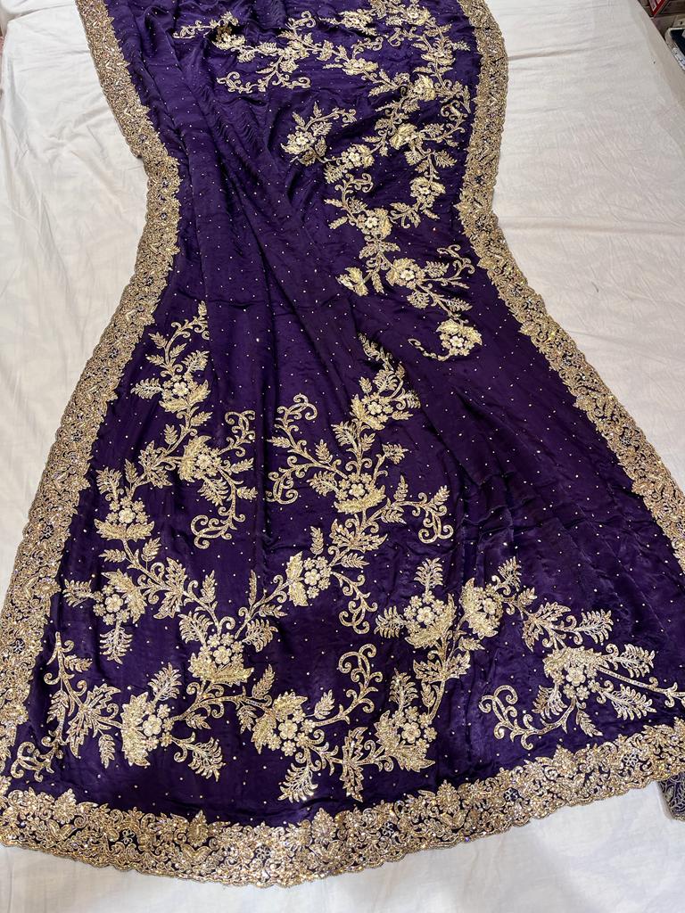 Purple zardosi crepe saree - Saffronfashionindia