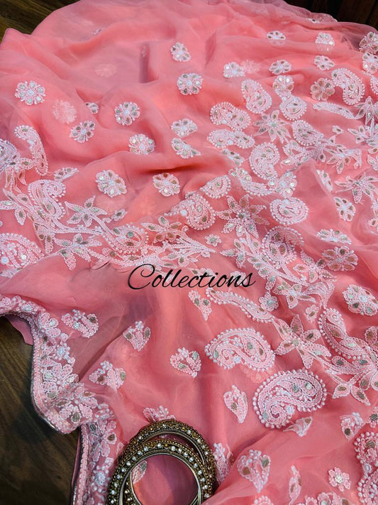 Embroidered Chikankari gottapatti inspired saree - Saffronfashionindia