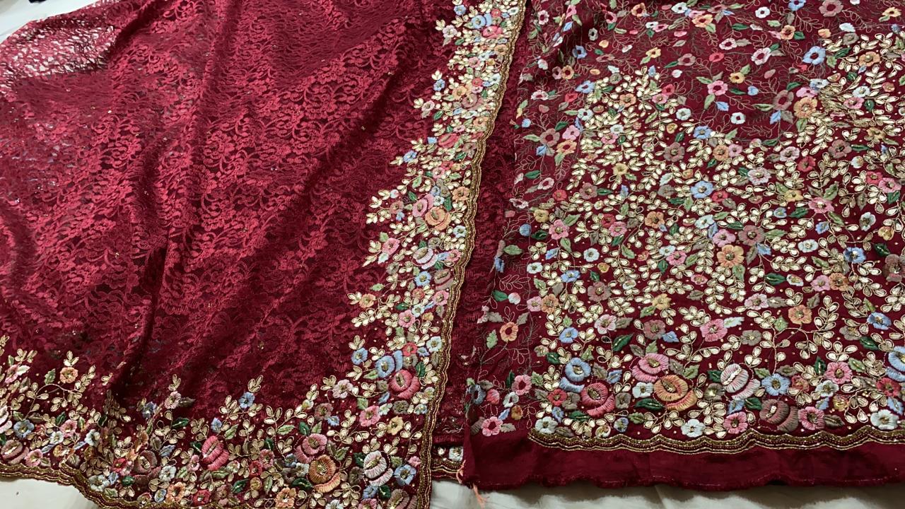 Embroidered chaintley lace saree - Saffronfashionindia