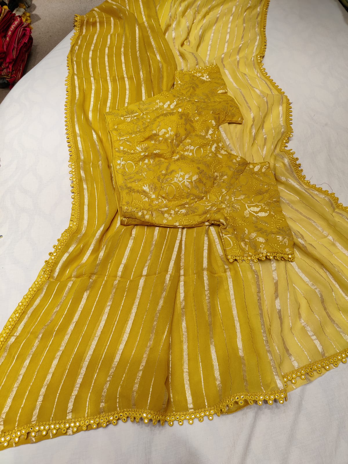 Holly gorgette stripes zari saree - Saffronfashionindia