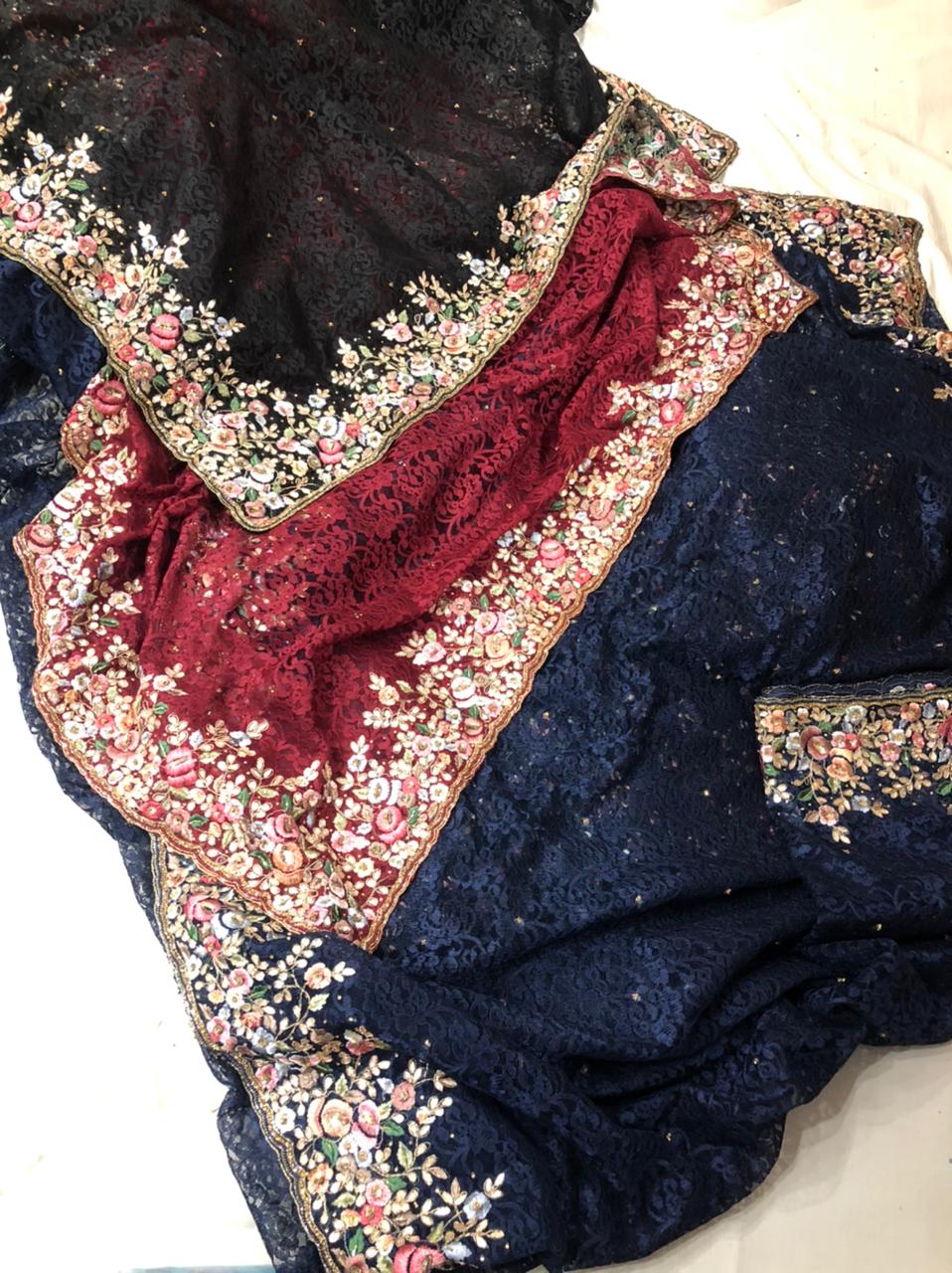 Embroidered chaintley lace saree - Saffronfashionindia