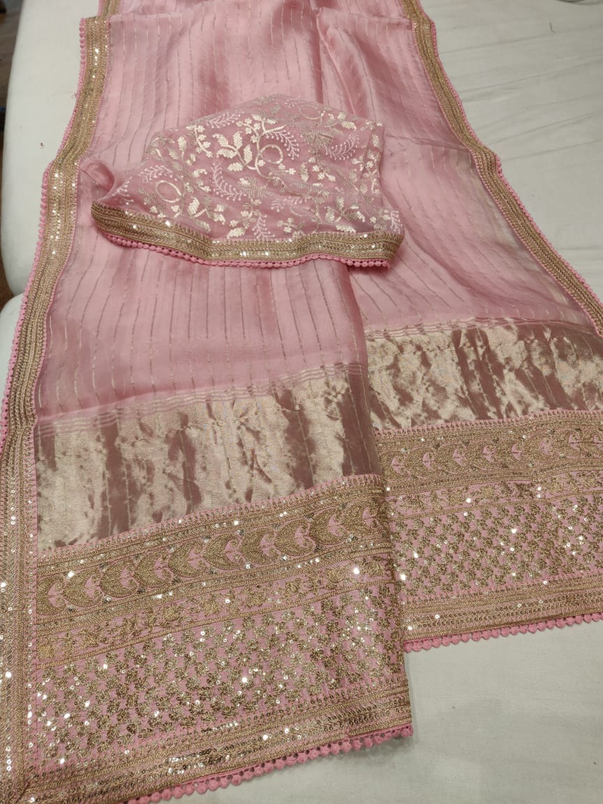 Organza striped saree - Saffronfashionindia