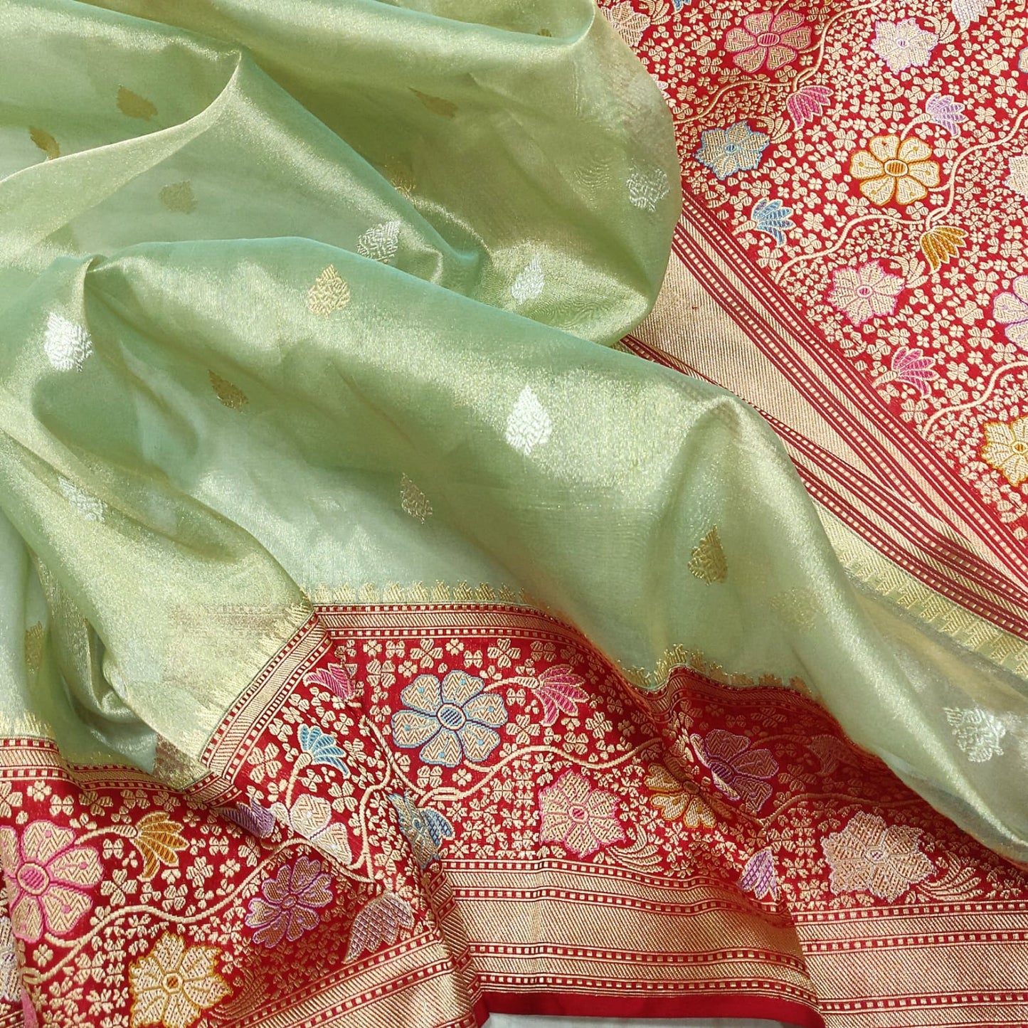 Green kora tissue silk saree - Saffronfashionindia
