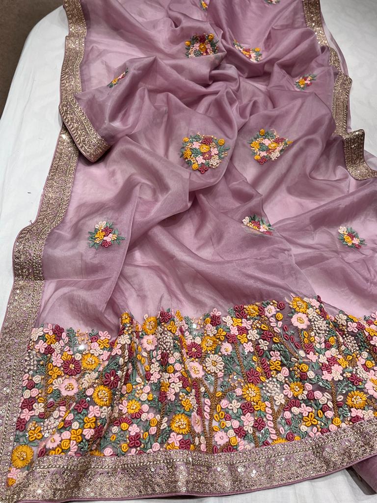 Unique organza embroidery saree - Saffronfashionindia