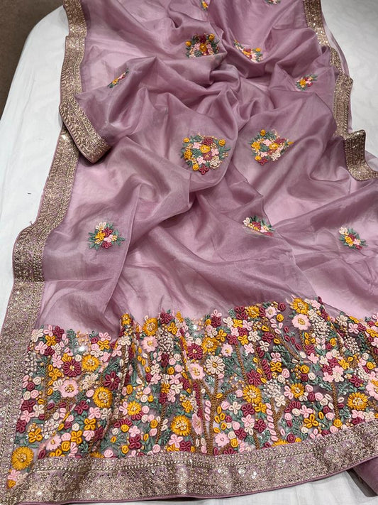 Unique organza embroidery saree - Saffronfashionindia