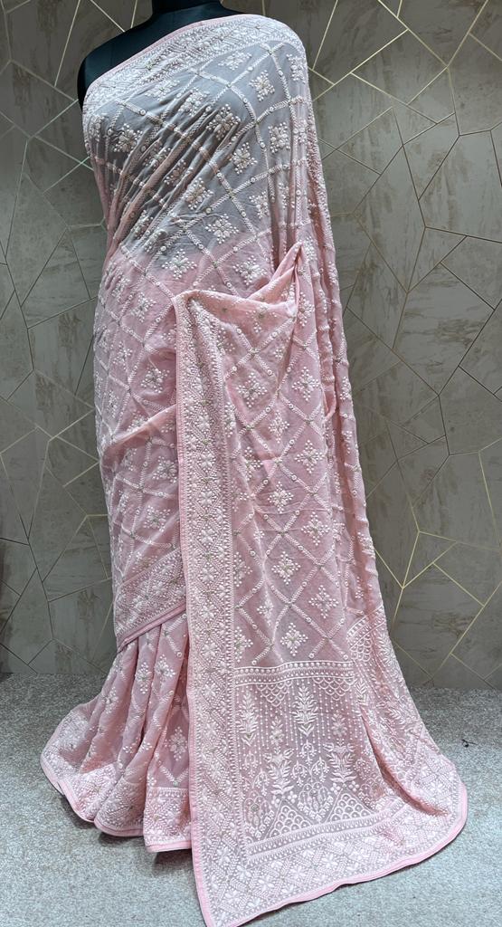 Kinzie Chikankari saree/gorgette saree - Saffronfashionindia