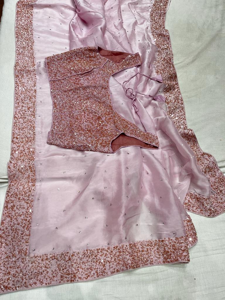 Purple handwork organza sari - Saffronfashionindia