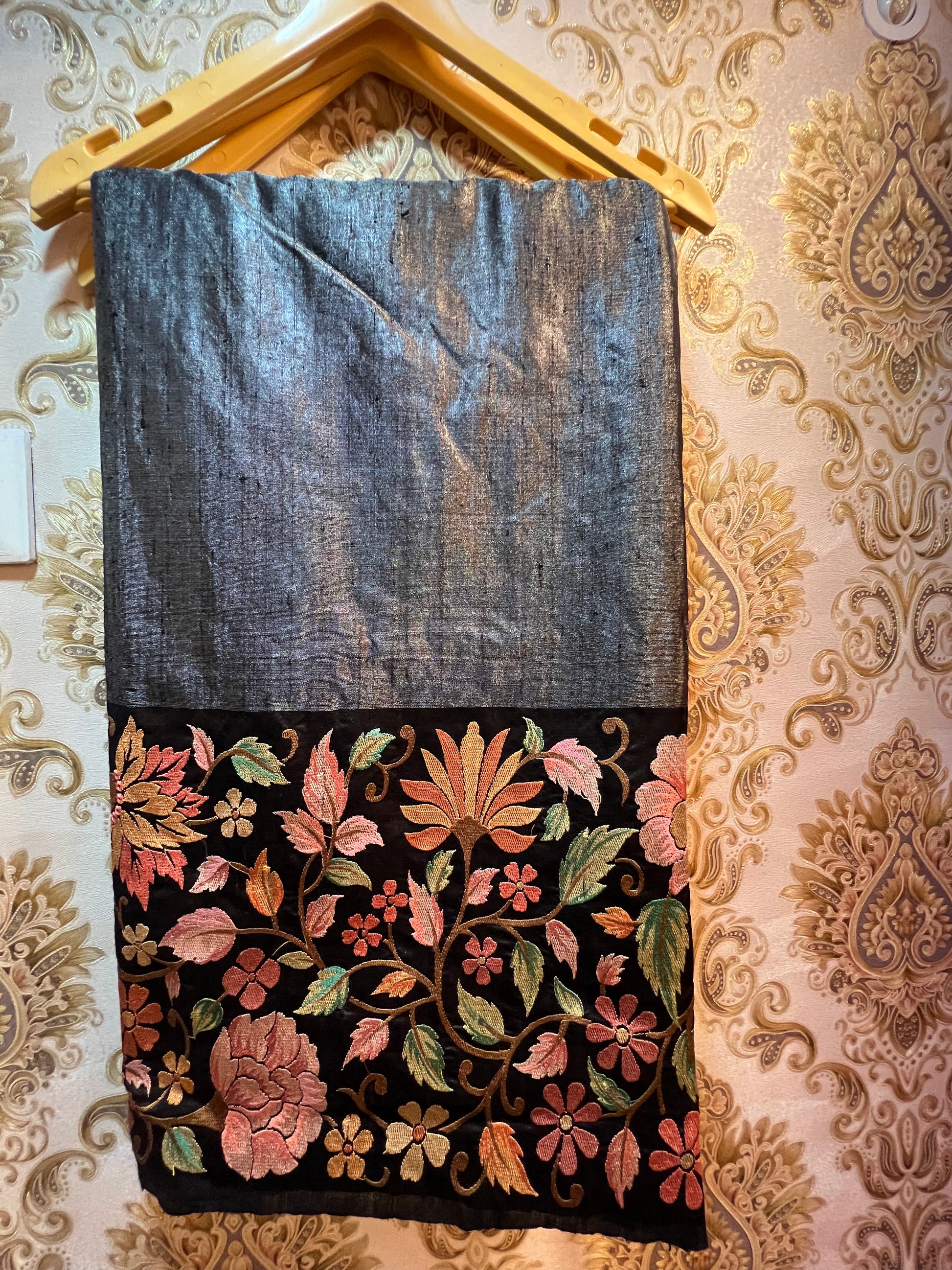 Floral embroidered tussar saree - Saffronfashionindia