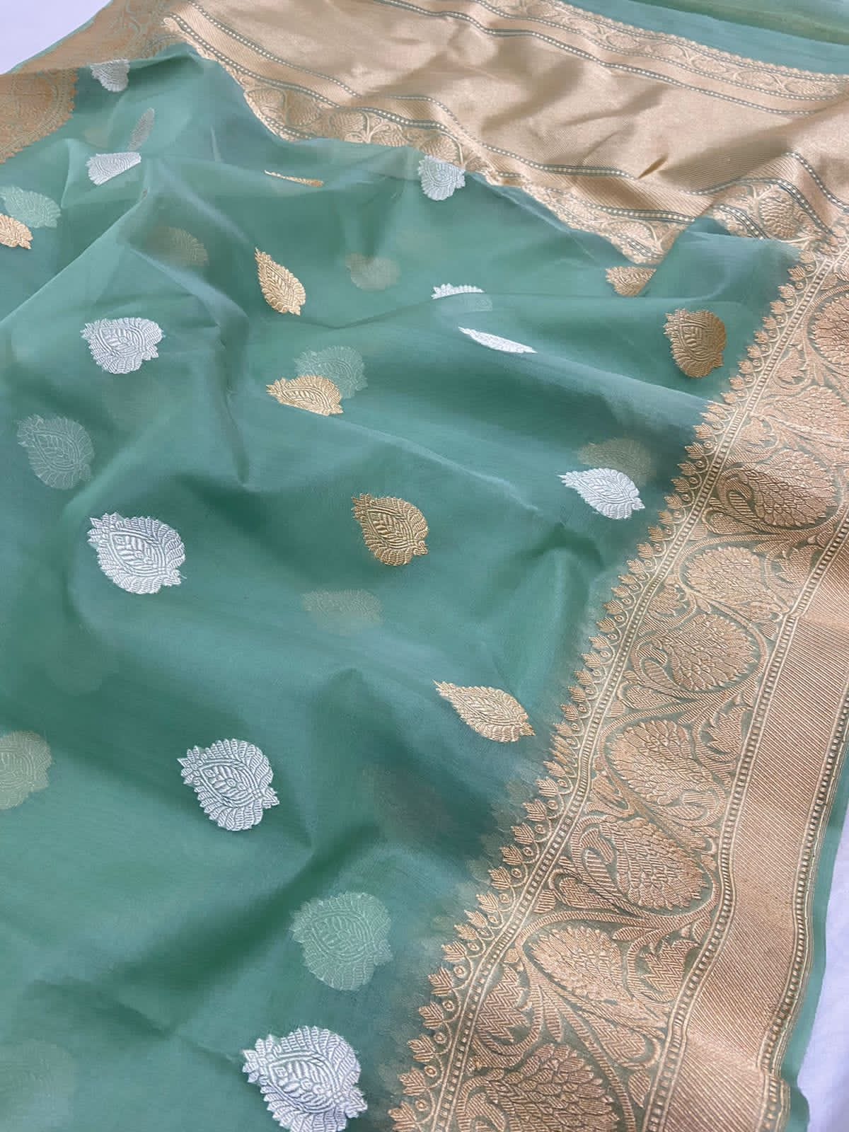 Saga green kora silk saree - Saffronfashionindia