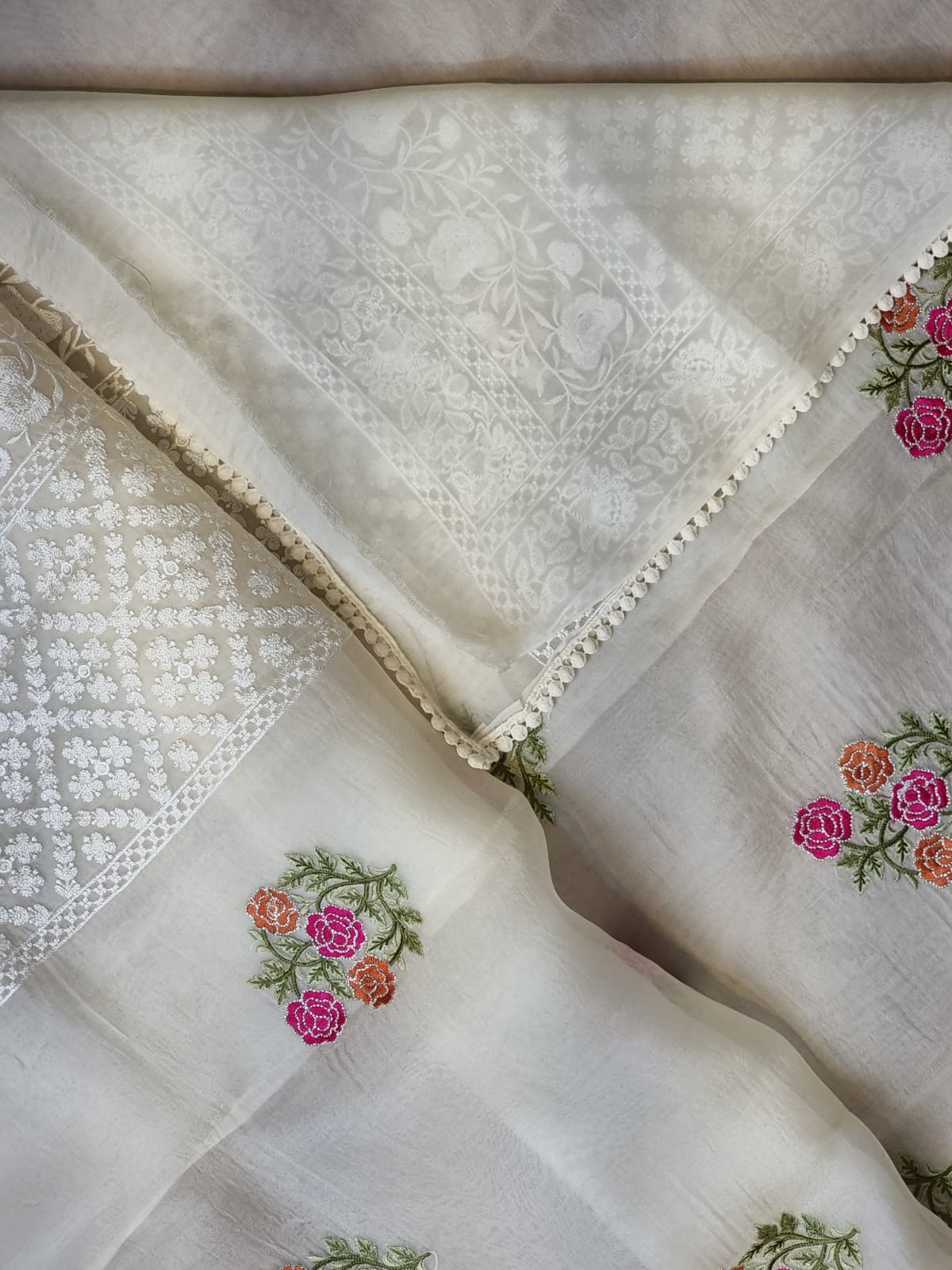 Crochet inspired organza embroidery saree - Saffronfashionindia