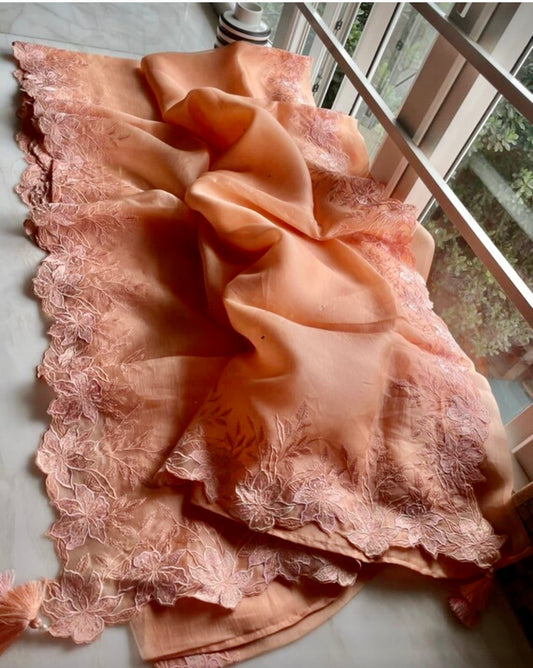 Numesha peach organza saree - Saffronfashionindia