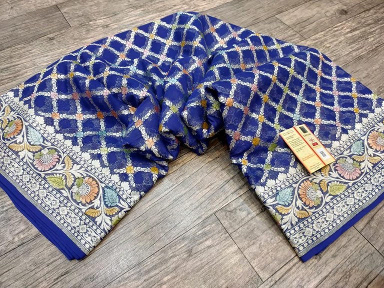 Water zari Meenakari khaddi gorgette saree - Saffronfashionindia