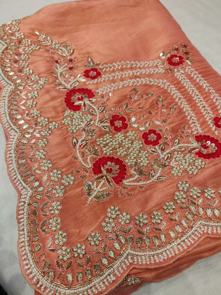 Peachy peach gorgette saree - Saffronfashionindia