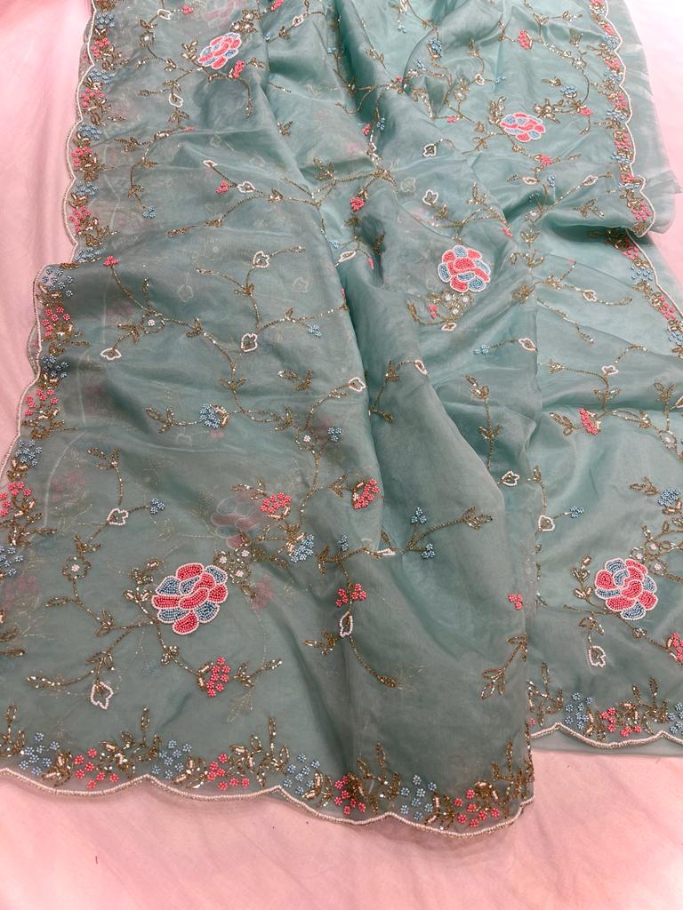 Kiara organza Pearl zardosi saree - Saffronfashionindia