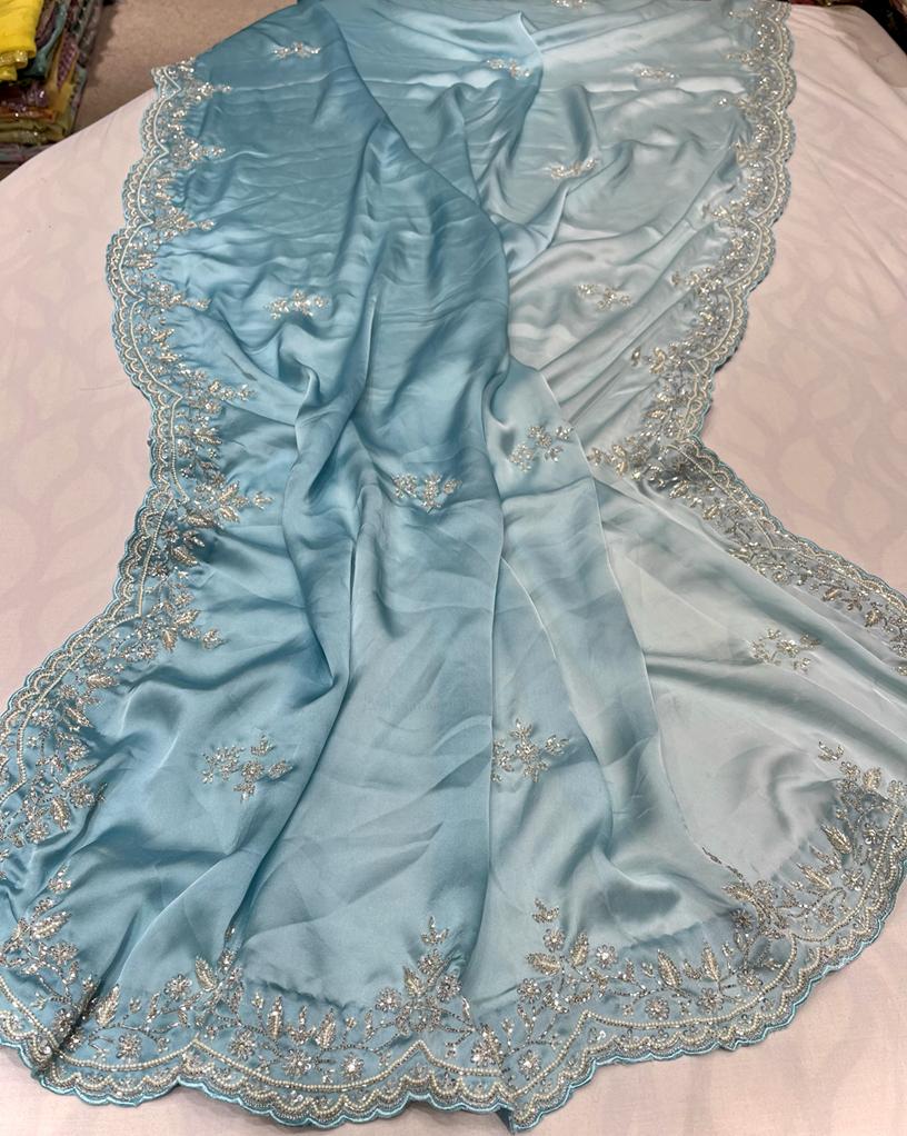 Satin shaded zardosi partywear saree - Saffronfashionindia