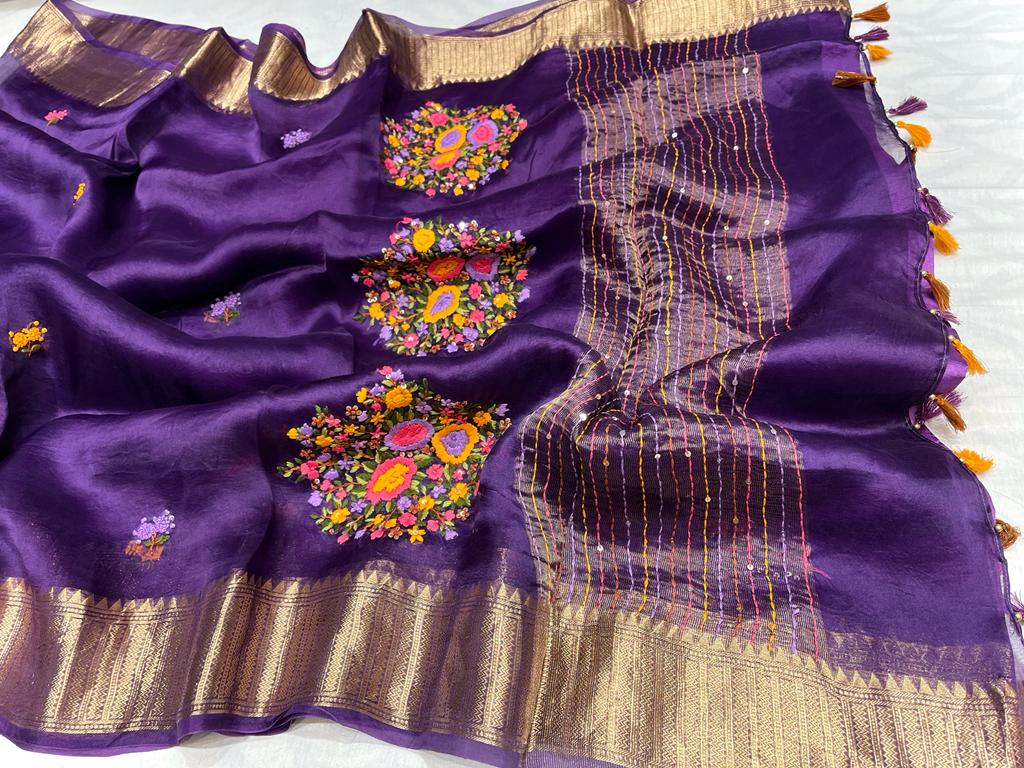 Kanchi organza Frenchknot saree - Saffronfashionindia
