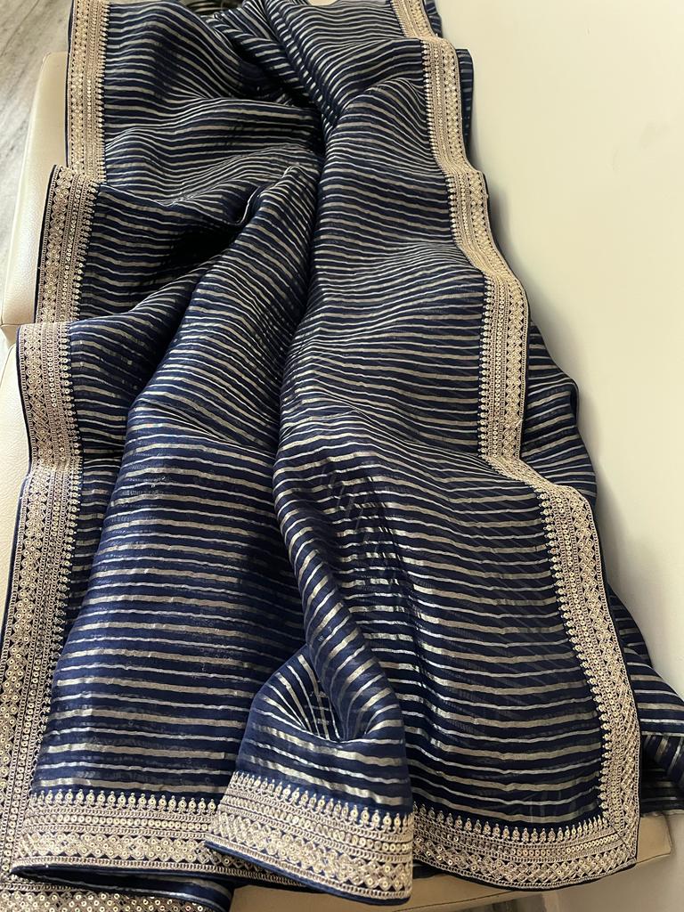 Blosom organza striped saree - Saffronfashionindia