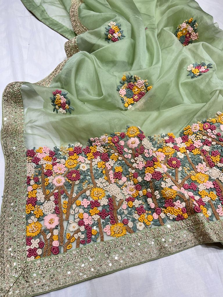 Unique organza embroidery saree - Saffronfashionindia