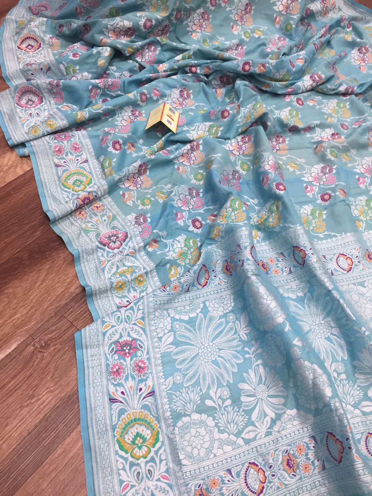 Aqua tilffi jangla tussar saree - Saffronfashionindia