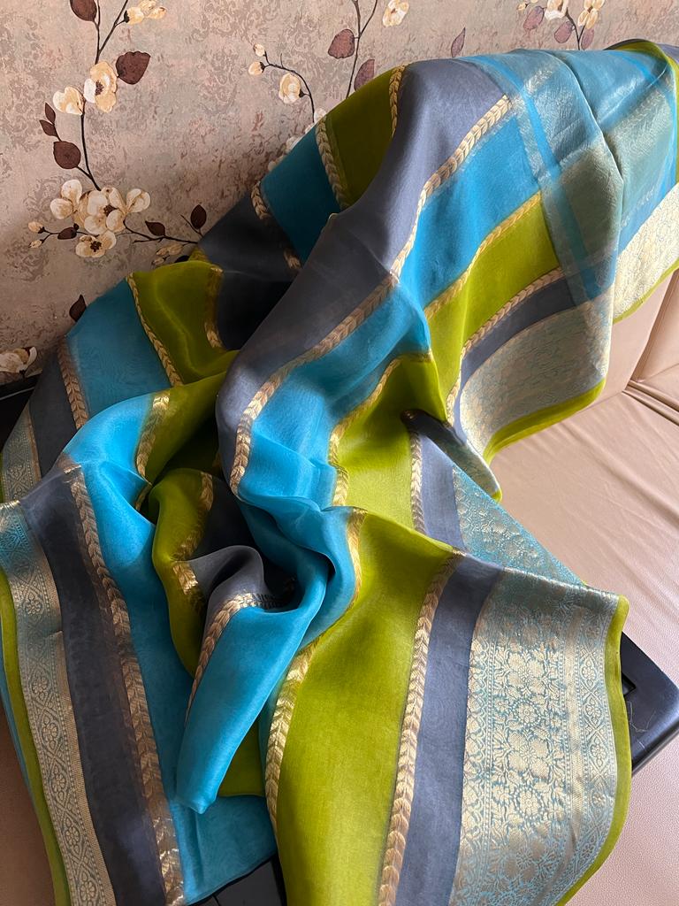 Striped kora banarsi saree - Saffronfashionindia