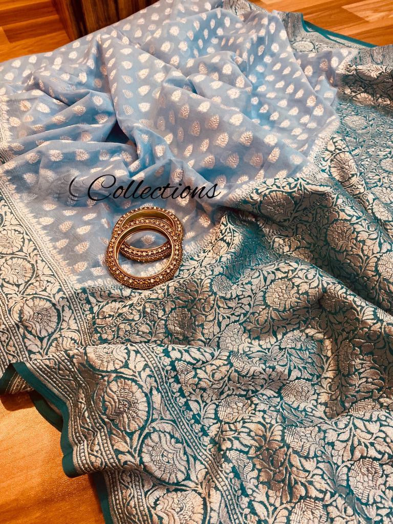 Noshina blue khaddi gorgette saree - Saffronfashionindia