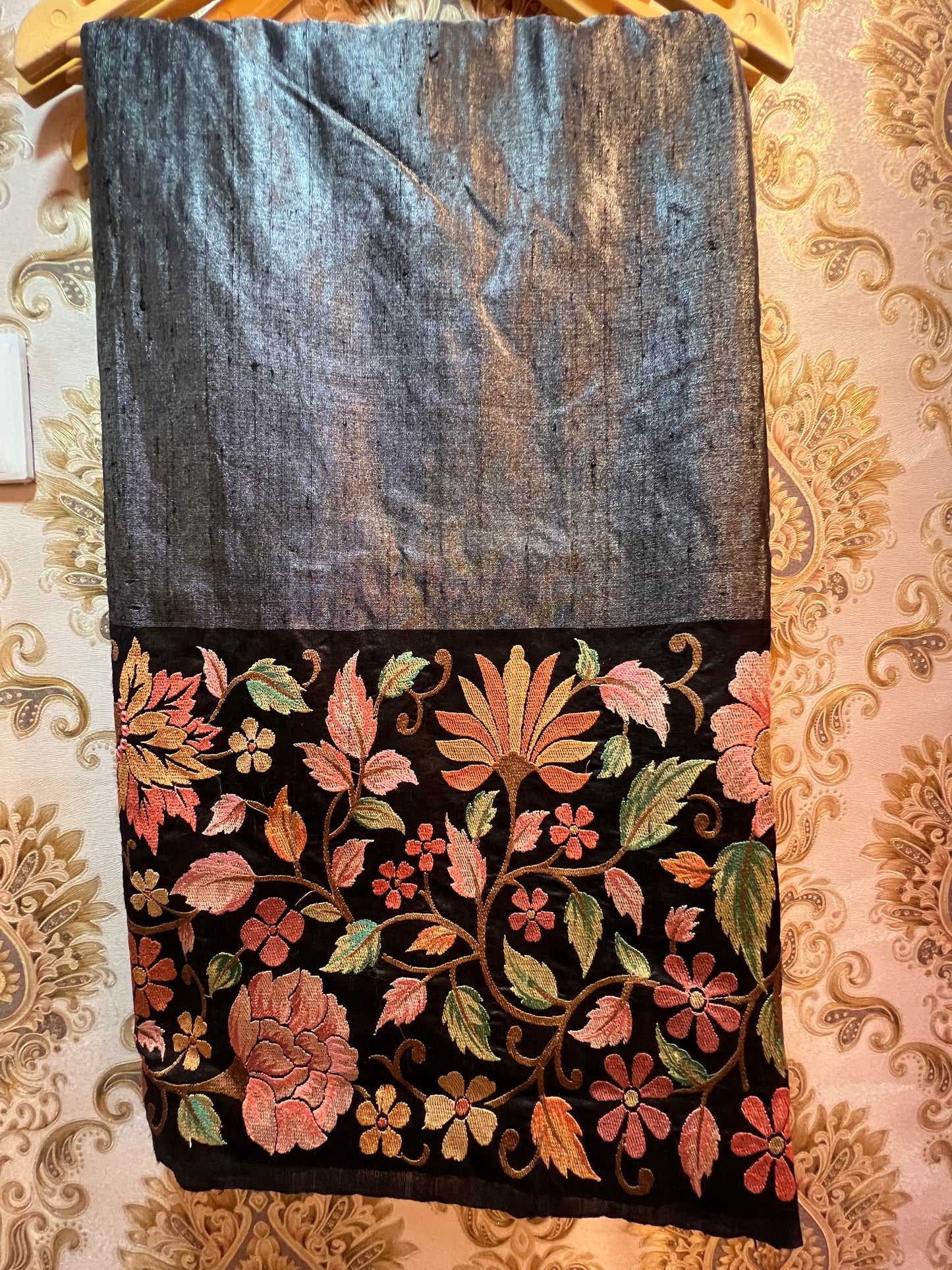 Floral embroidered tussar saree - Saffronfashionindia
