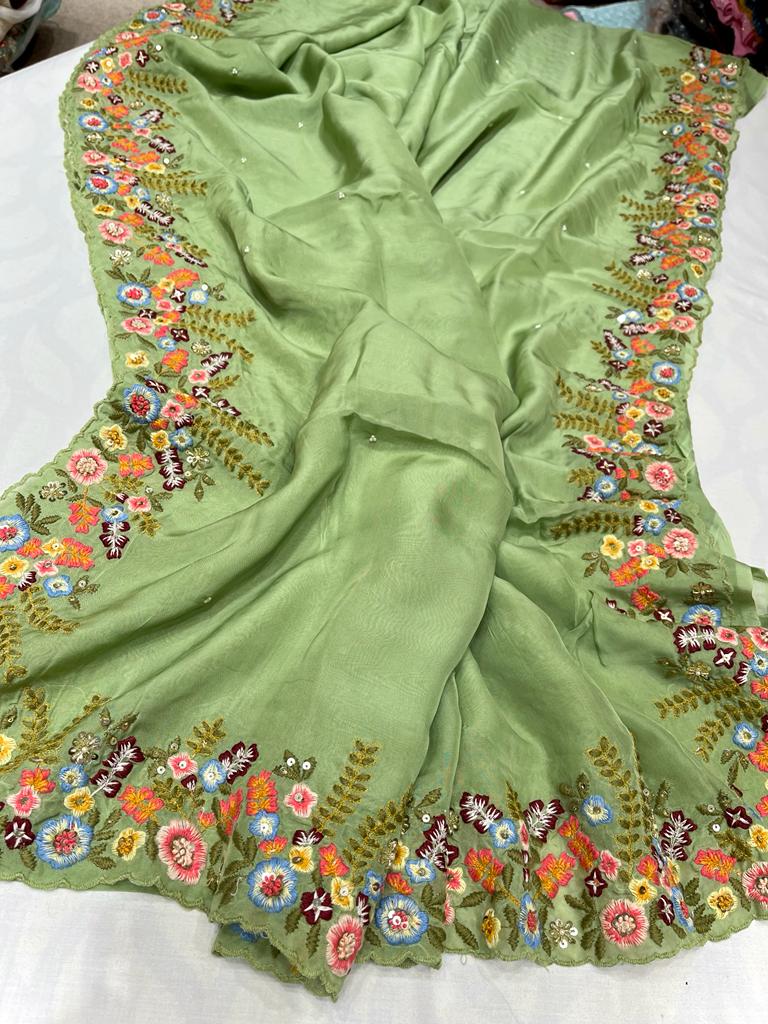 Tulips embroidered saree,,,,,organza saree - Saffronfashionindia