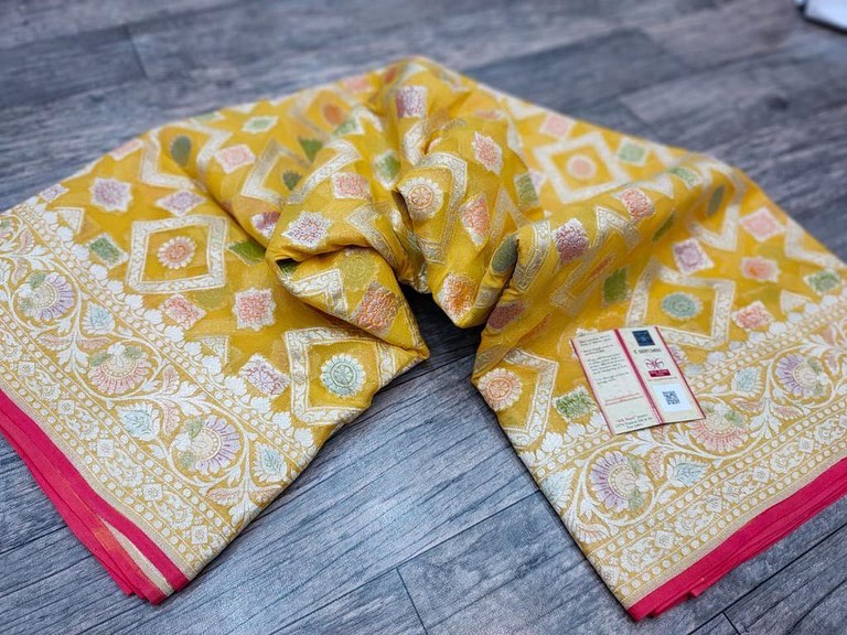 Water zari Meenakari khaddi gorgette saree - Saffronfashionindia
