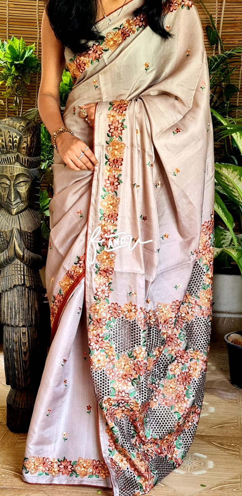 Floral soft tussar silk saree - Saffronfashionindia