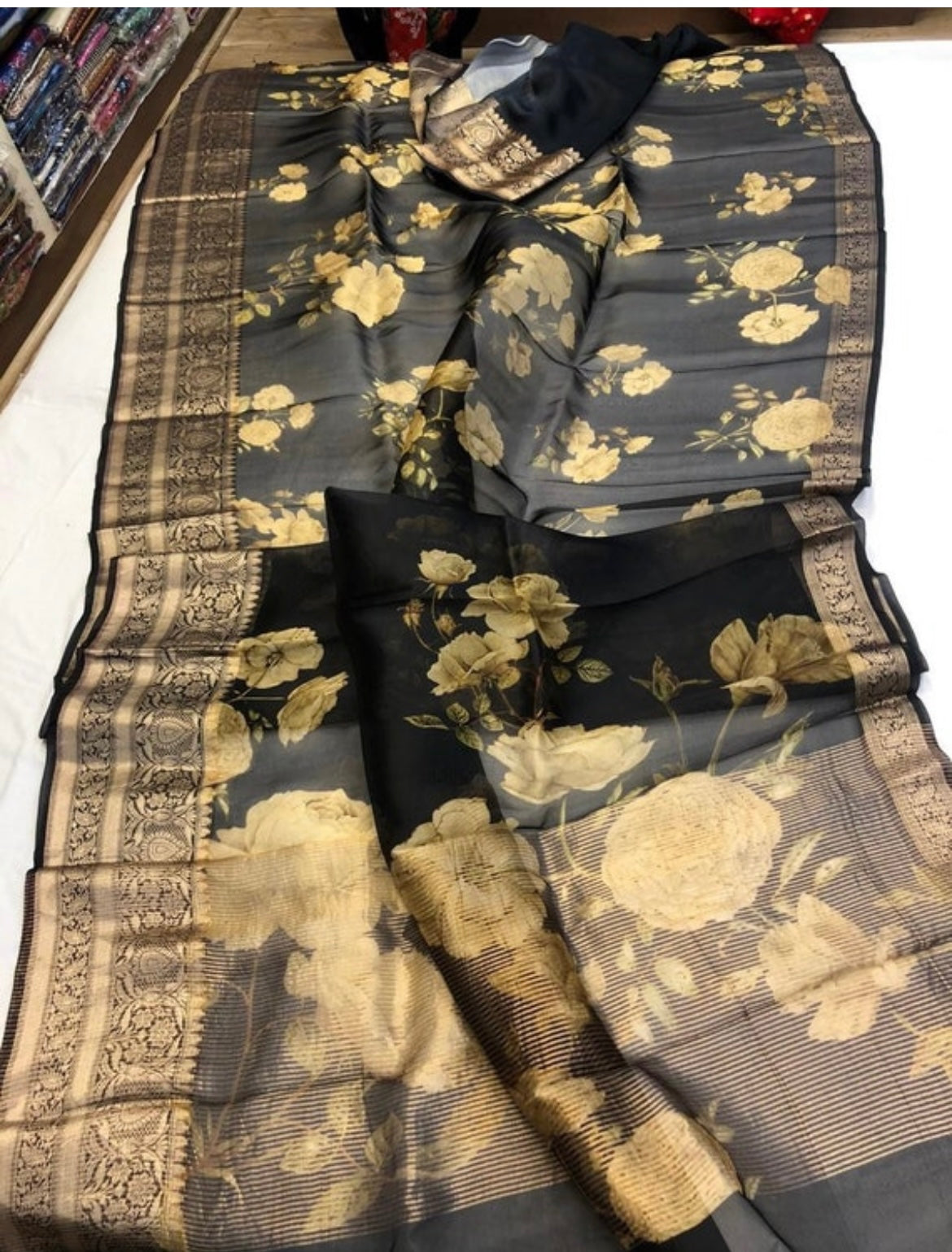 Black floral organza sari - Saffronfashionindia