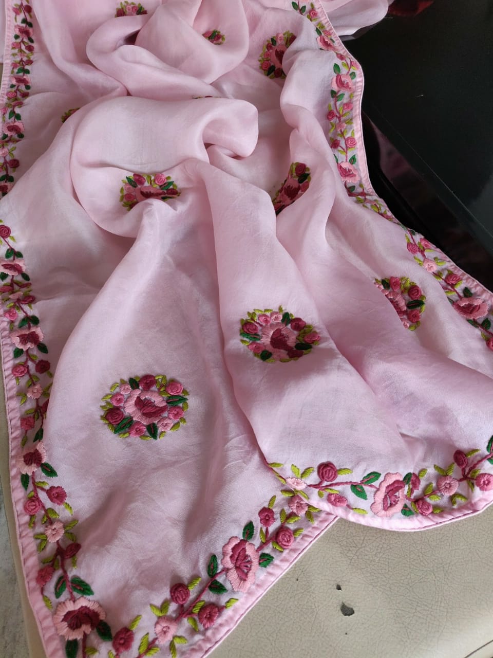 Pink French knot saree - Saffronfashionindia