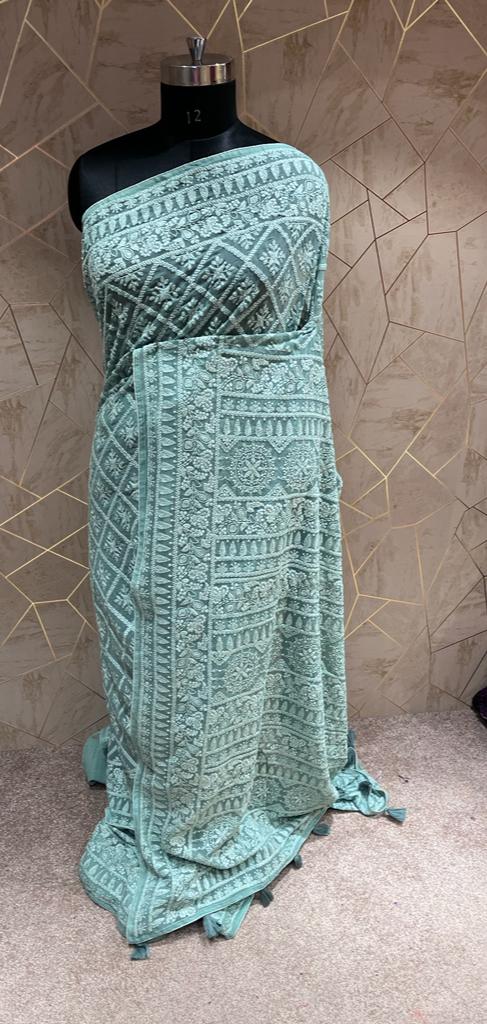 Kinzie Chikankari saree/gorgette saree - Saffronfashionindia
