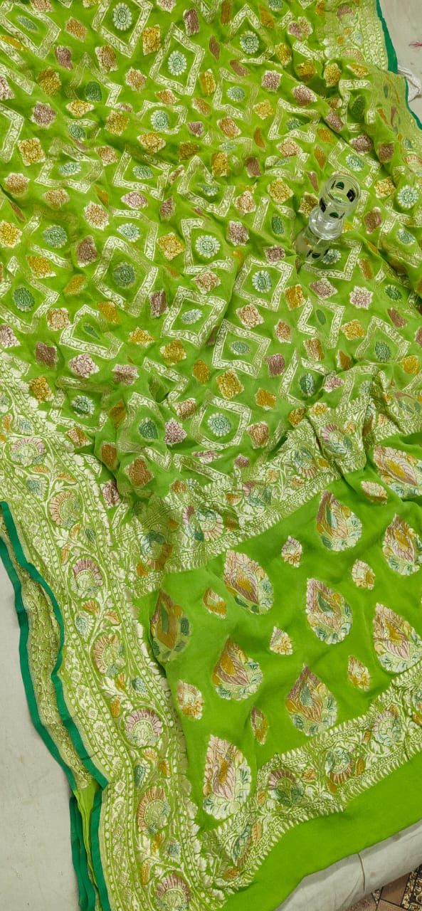 Water zari Meenakari khaddi gorgette saree - Saffronfashionindia