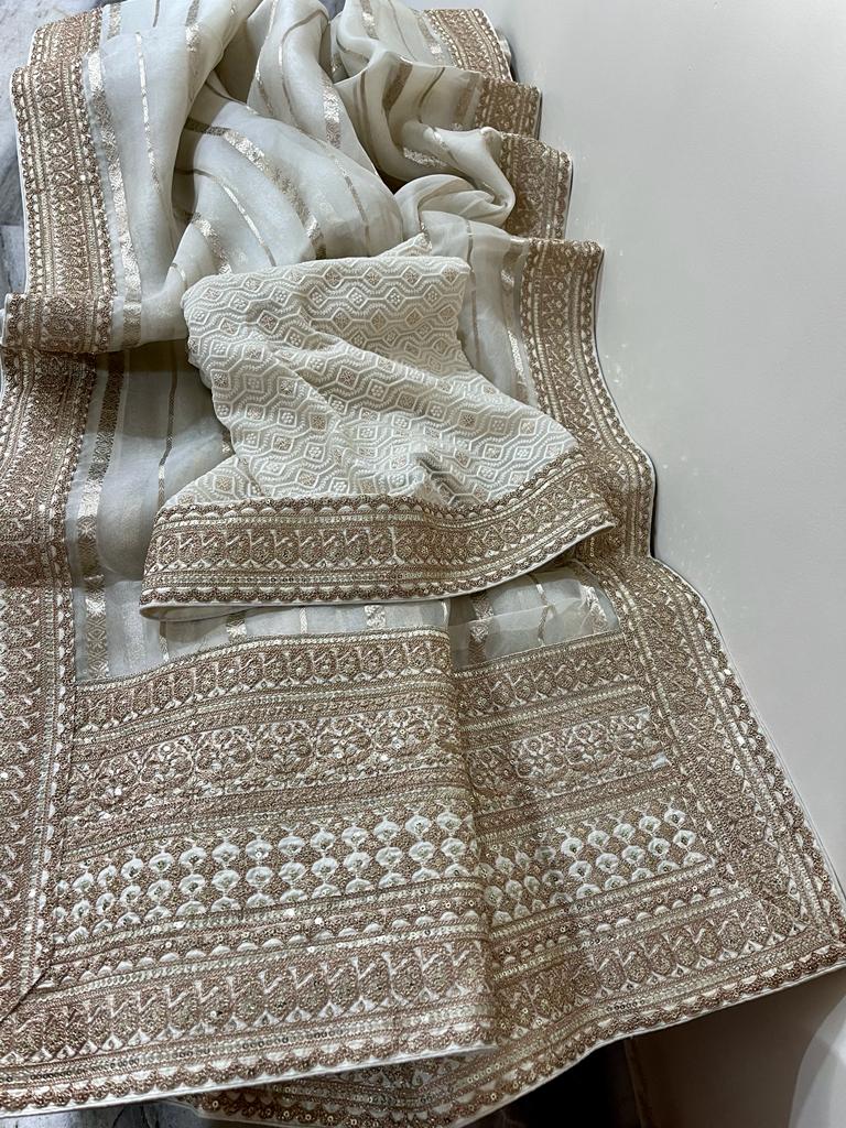 Kora striping sequins saree - Saffronfashionindia