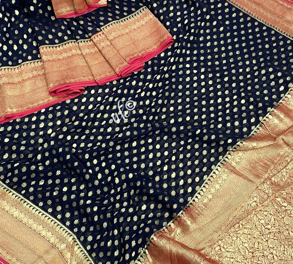 Woven banarsi gorgette saree - Saffronfashionindia
