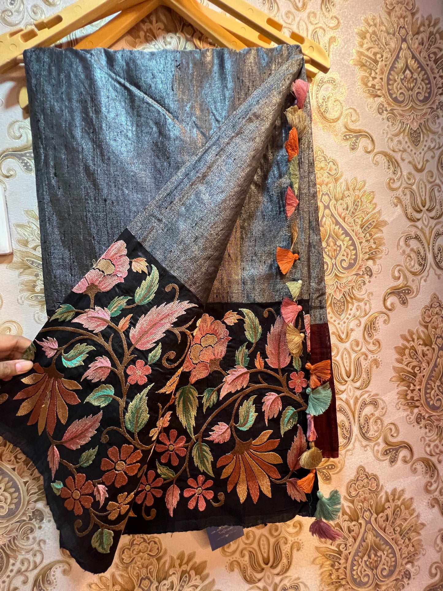 Floral embroidered tussar saree - Saffronfashionindia