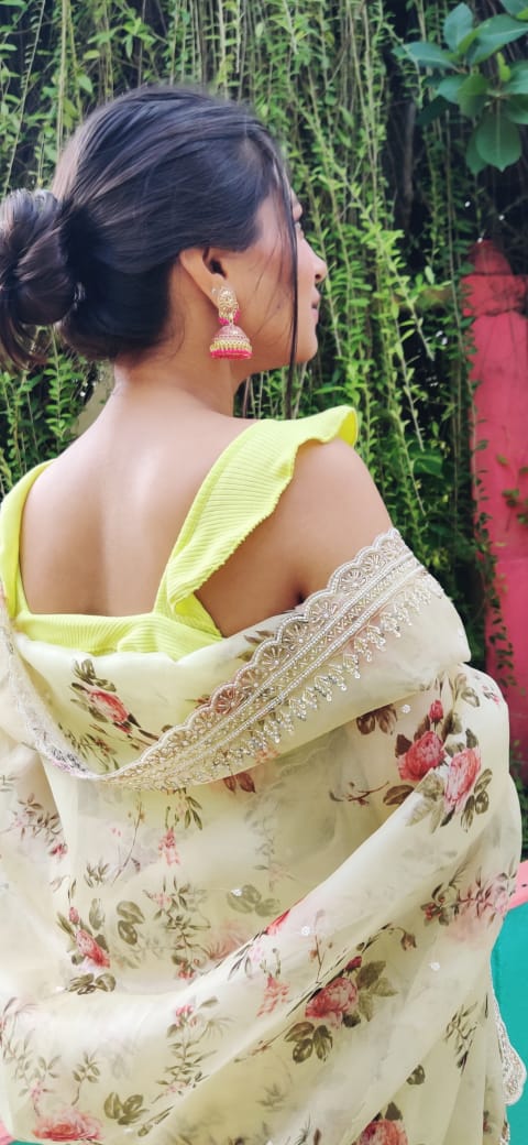 Lime floral organza saree - Saffronfashionindia