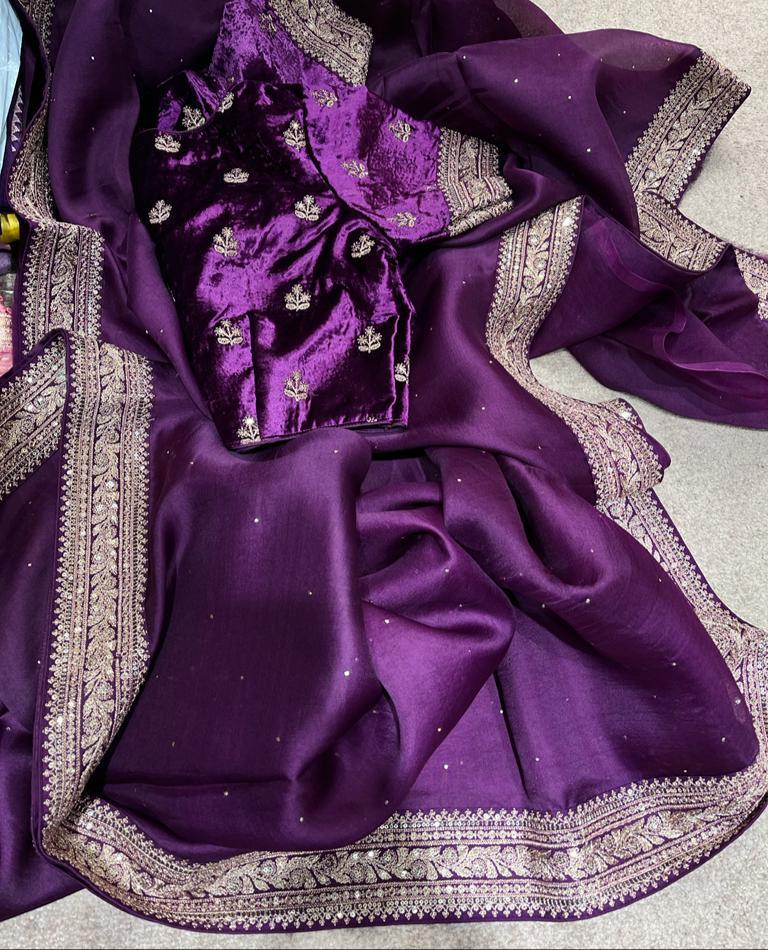 Velvet organza zardosi saree - Saffronfashionindia
