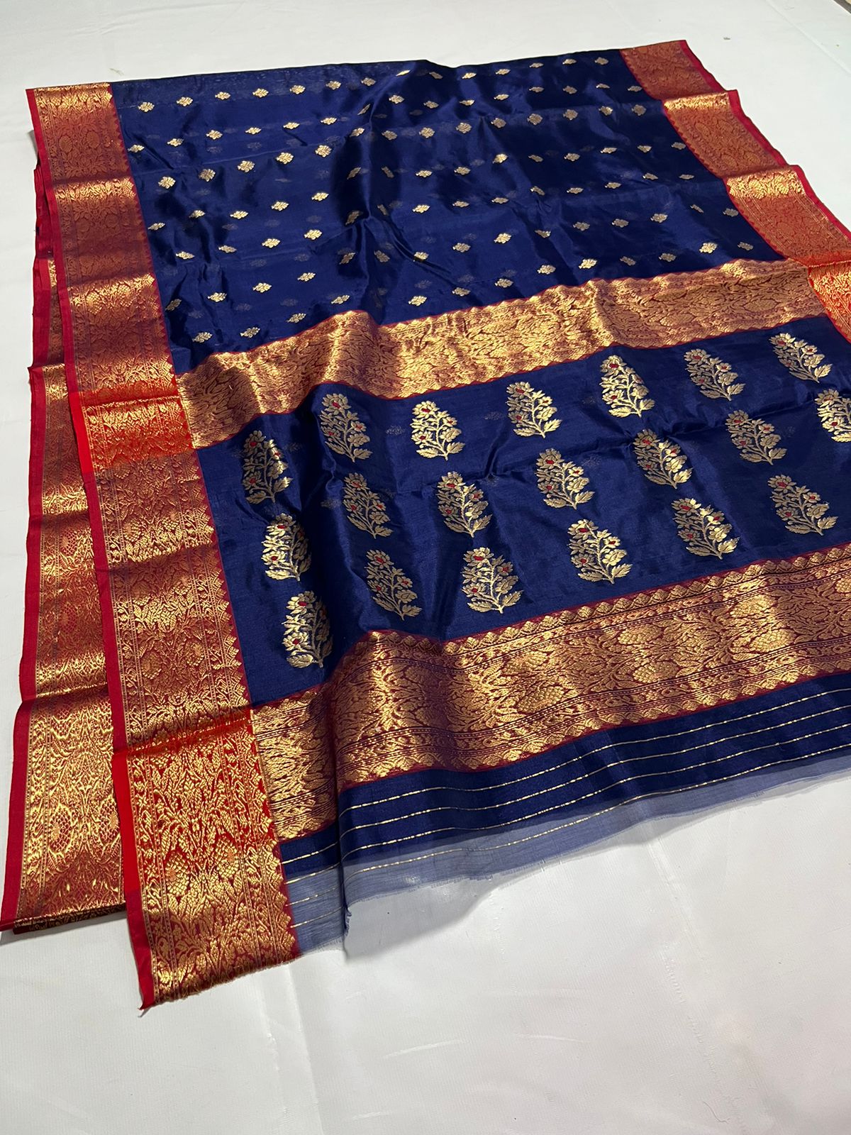 Royal blue Chanderi saree - Saffronfashionindia